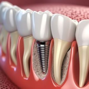Dental implant model demonstrating implant-supported dentures and surrounding healthy teeth in gum tissue, illustrating restorative dentistry benefits.